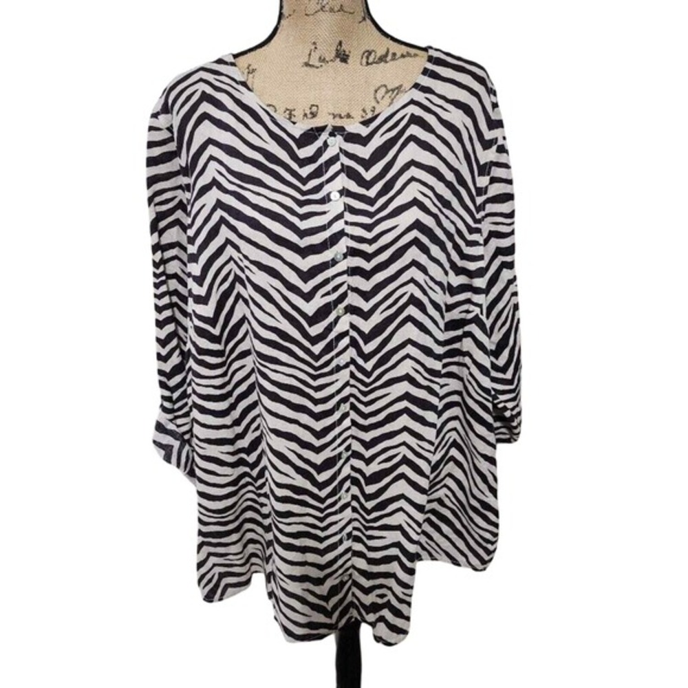 Tahari Womens 2X Zebra Print 100% Linen Button Front Roll Tab Sleeve Tunic Top